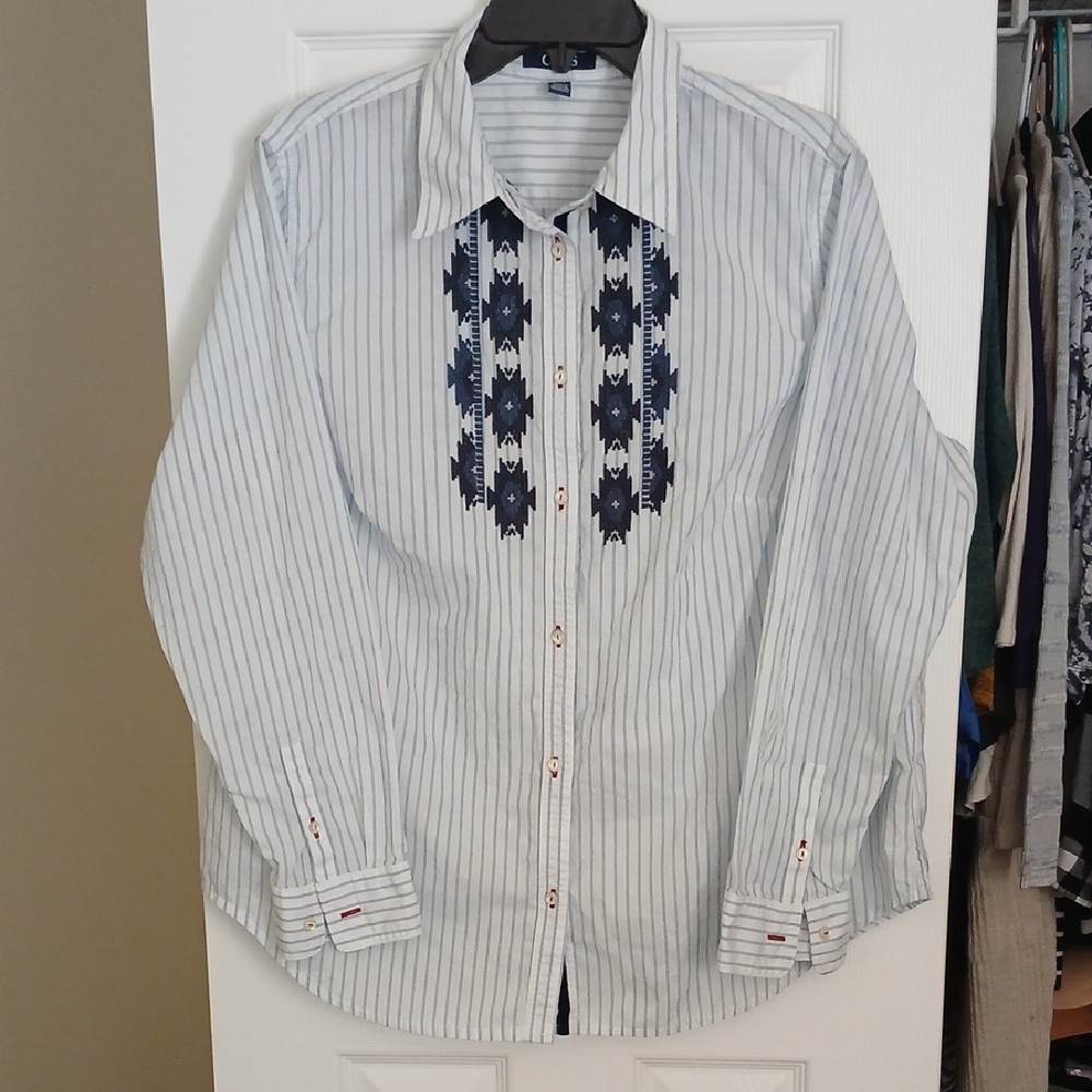 Chaps Western Striped Blue & White Button Down Shirt Women's 1X